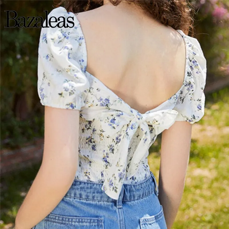 Bazaleas Chic Purple Floral Print ropa mujer Fashion blouse women