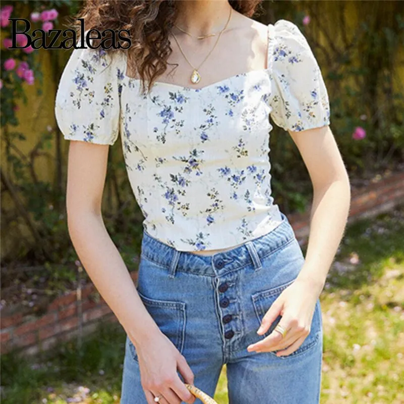 Bazaleas Chic Purple Floral Print ropa mujer Fashion blouse women