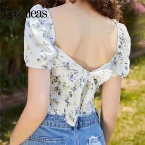 Bazaleas Chic Purple Floral Print ropa mujer Fashion blouse women