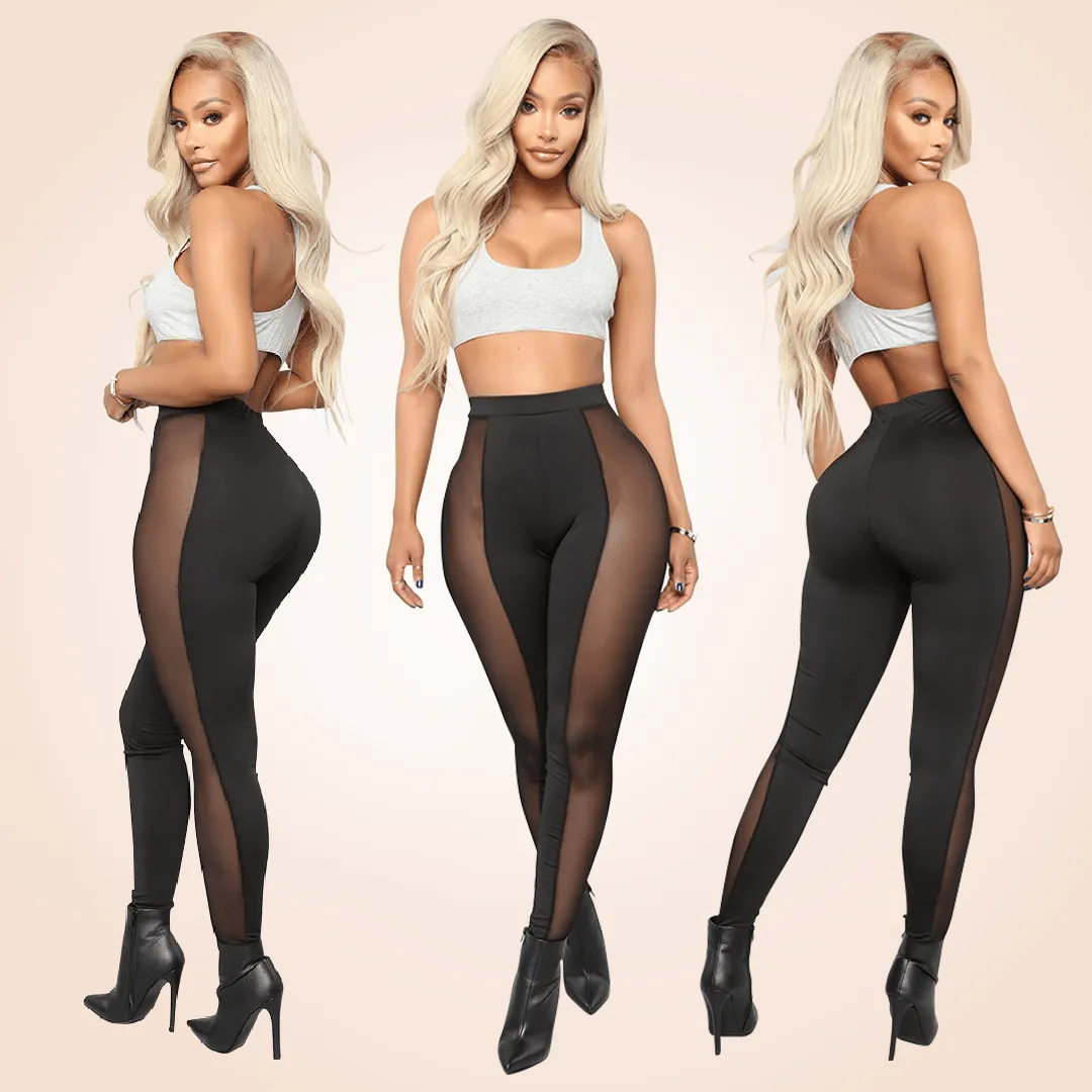 Black Stretchy Sheer Mesh Panel Solid Leggings