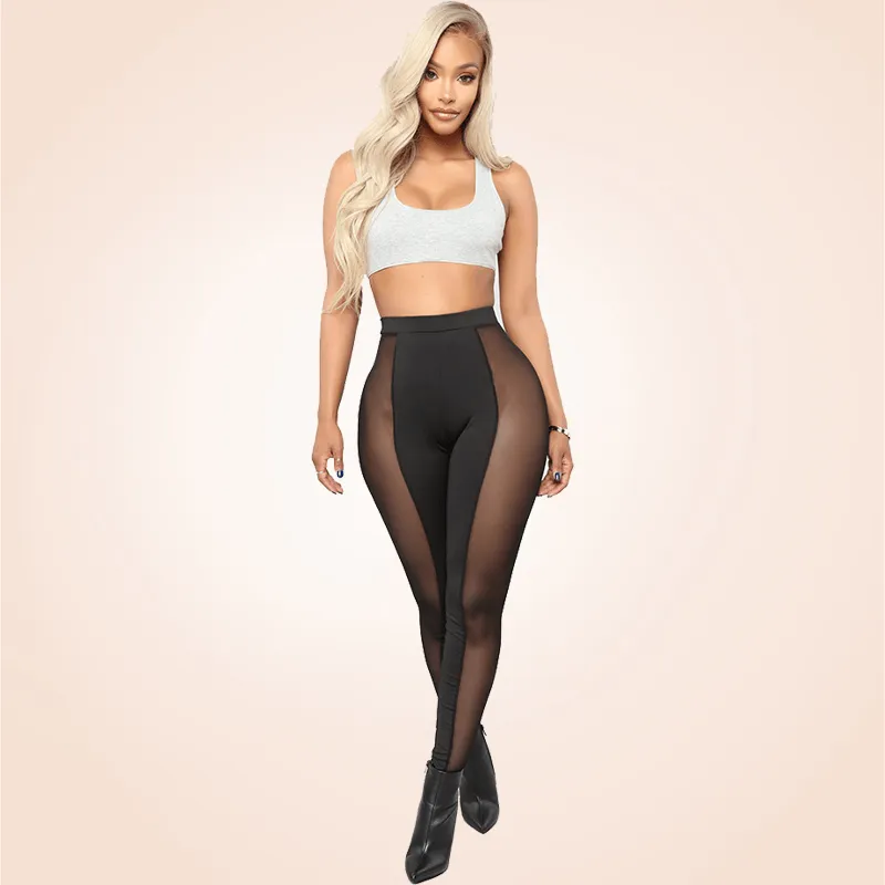 Black Stretchy Sheer Mesh Panel Solid Leggings