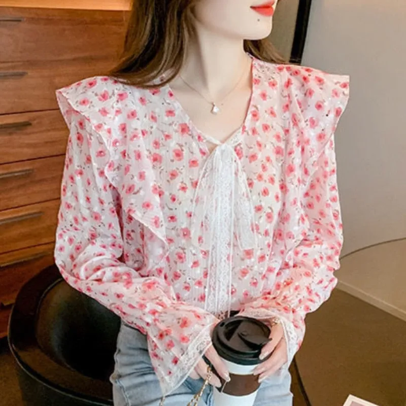 Blouses Women Chic Fashion Floral  Ladies Casual Clothing Spring