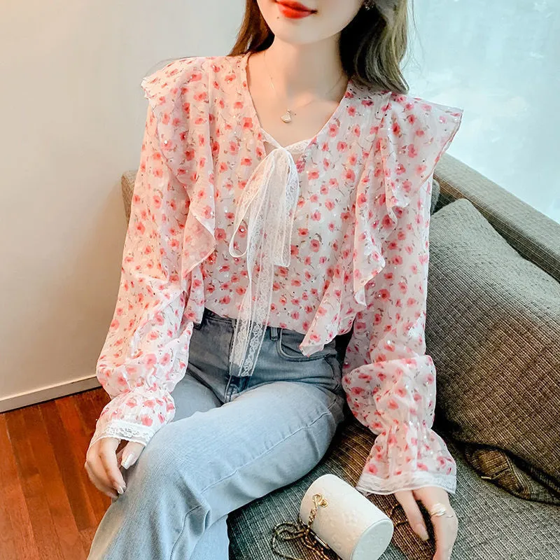 Blouses Women Chic Fashion Floral  Ladies Casual Clothing Spring