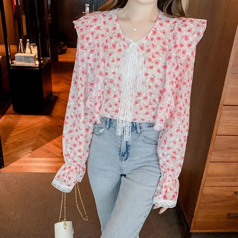 Blouses Women Chic Fashion Floral  Ladies Casual Clothing Spring
