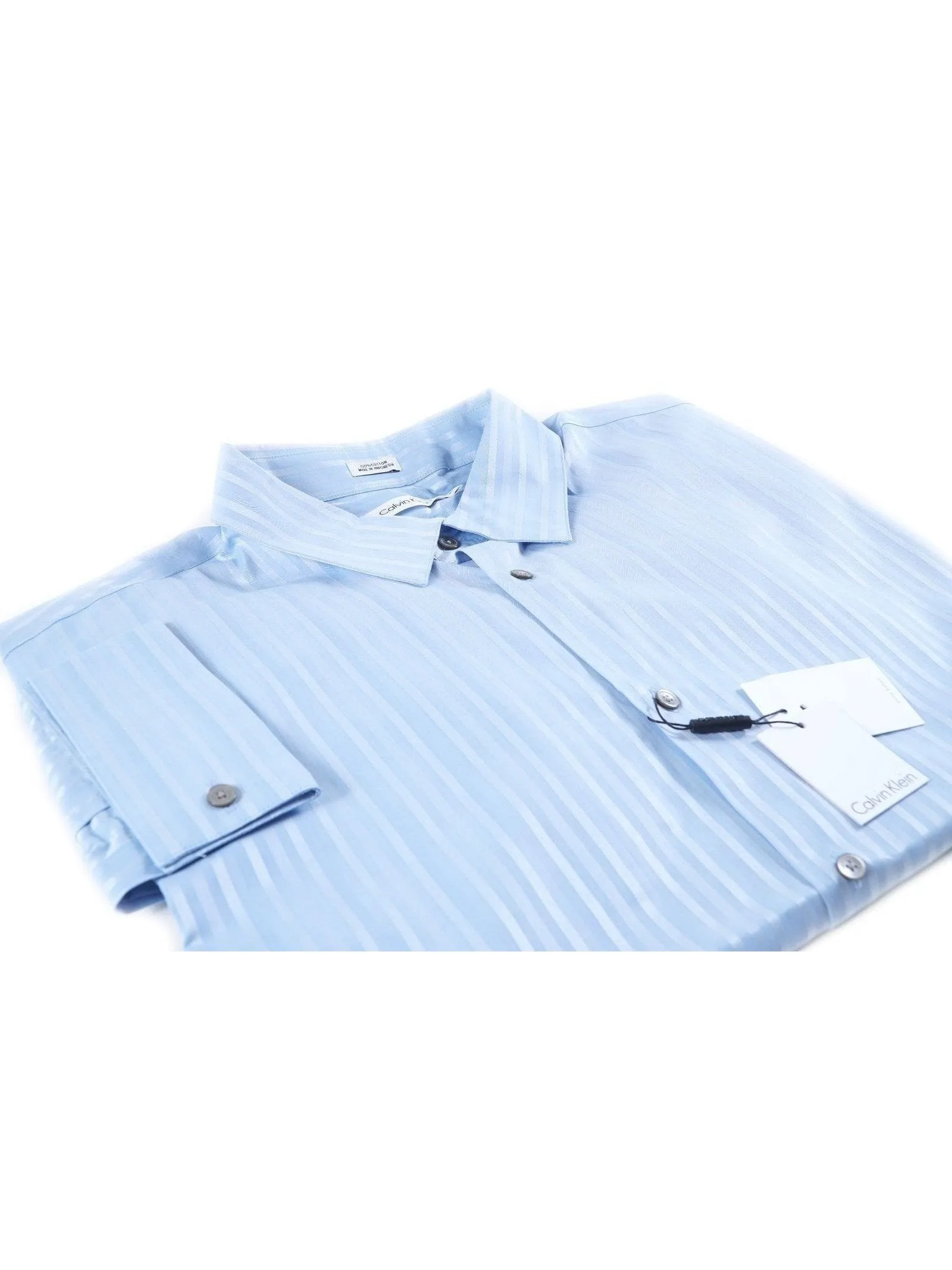 Calvin Klein Mens Blue Striped Classic Fit 100% Cotton French Cuff Dress Shirt