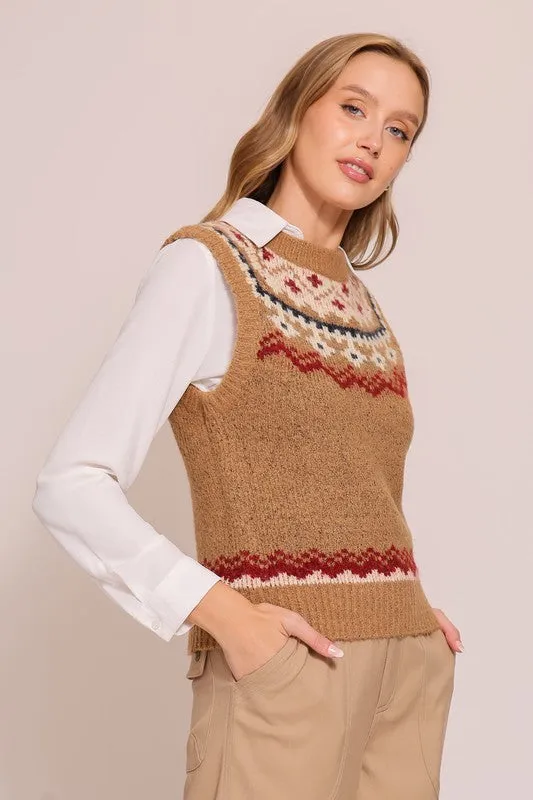 Camel & Burgundy Nordic Sweater Vest - FINAL SALE