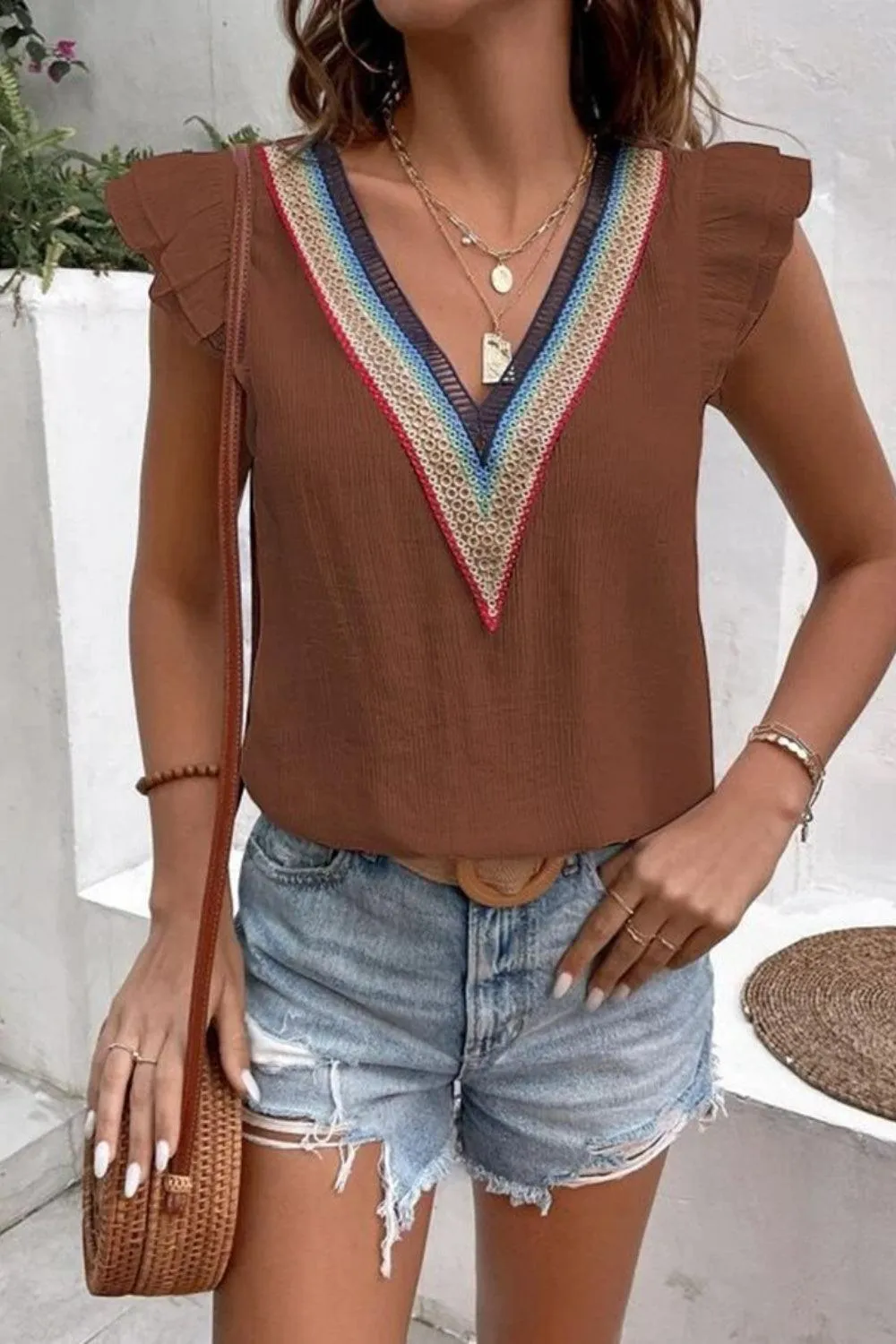 Casual Chic Ruffled Cap Sleeve V Neck Blouse