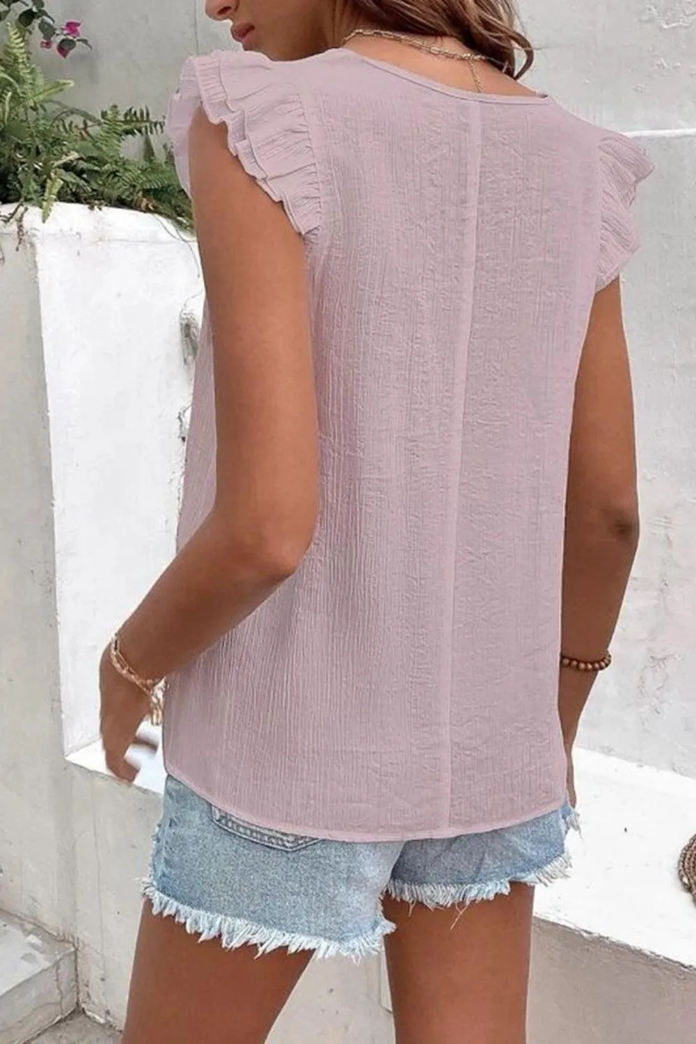 Casual Chic Ruffled Cap Sleeve V Neck Blouse