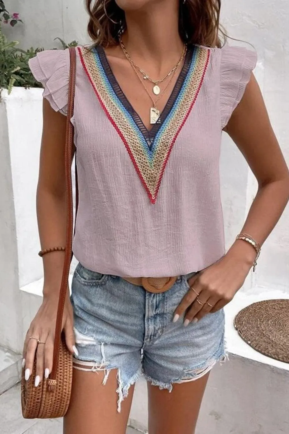 Casual Chic Ruffled Cap Sleeve V Neck Blouse