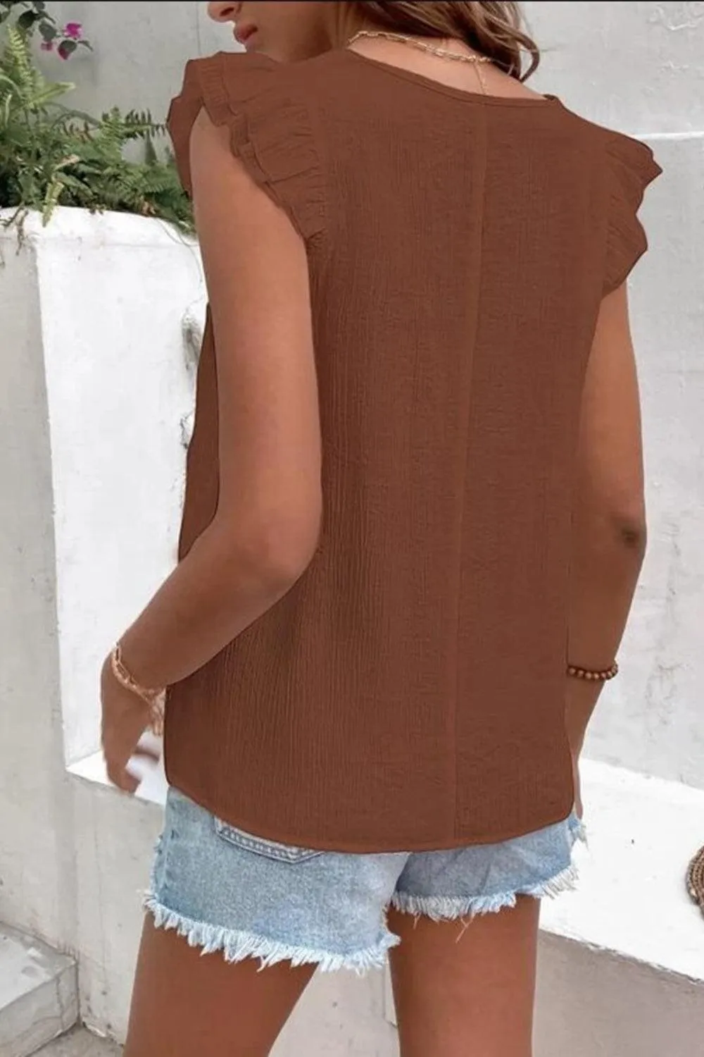 Casual Chic Ruffled Cap Sleeve V Neck Blouse