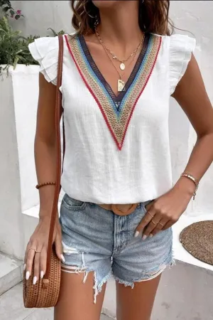 Casual Chic Ruffled Cap Sleeve V Neck Blouse
