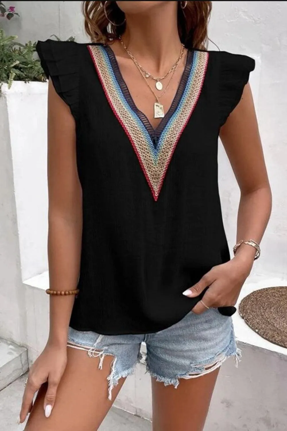 Casual Chic Ruffled Cap Sleeve V Neck Blouse