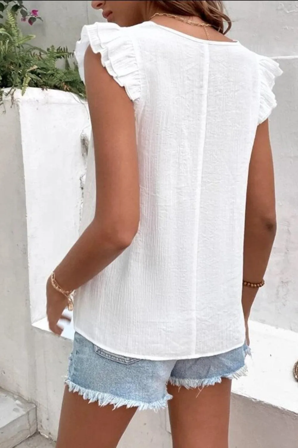 Casual Chic Ruffled Cap Sleeve V Neck Blouse