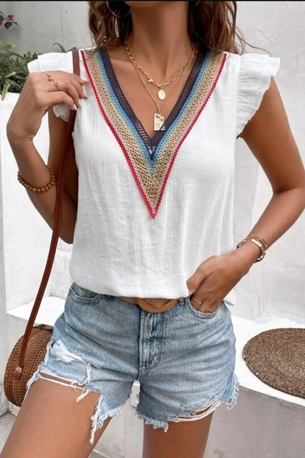 Casual Chic Ruffled Cap Sleeve V Neck Blouse