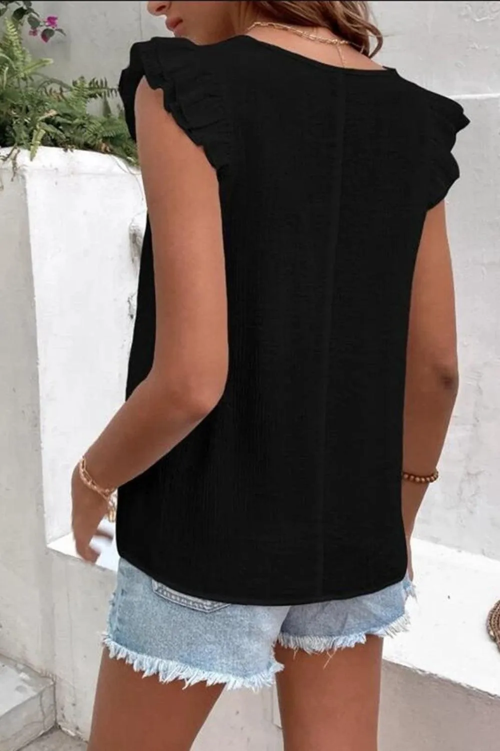 Casual Chic Ruffled Cap Sleeve V Neck Blouse