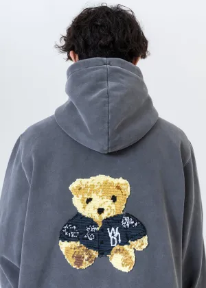 Charcoal Embroidered Teddy Zip-Up Hoodie
