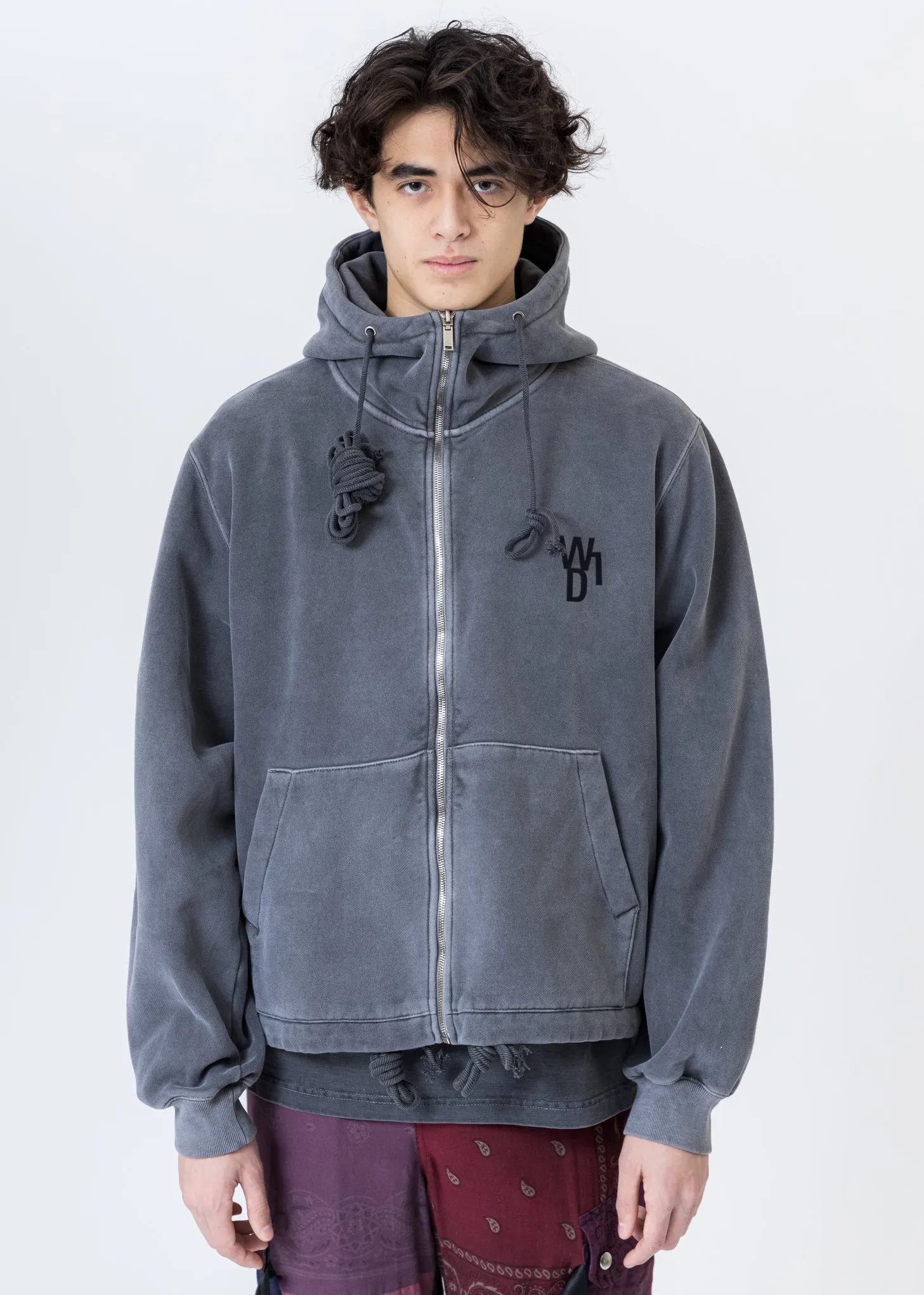 Charcoal Embroidered Teddy Zip-Up Hoodie