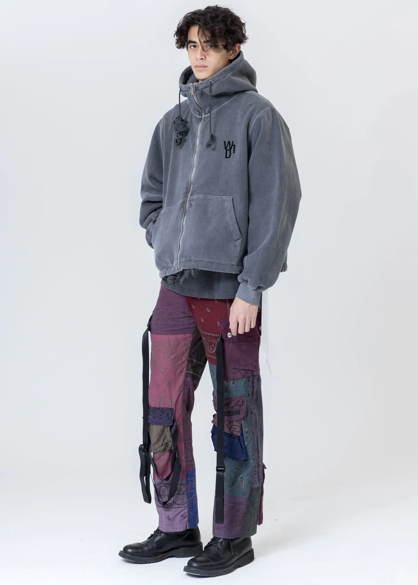 Charcoal Embroidered Teddy Zip-Up Hoodie