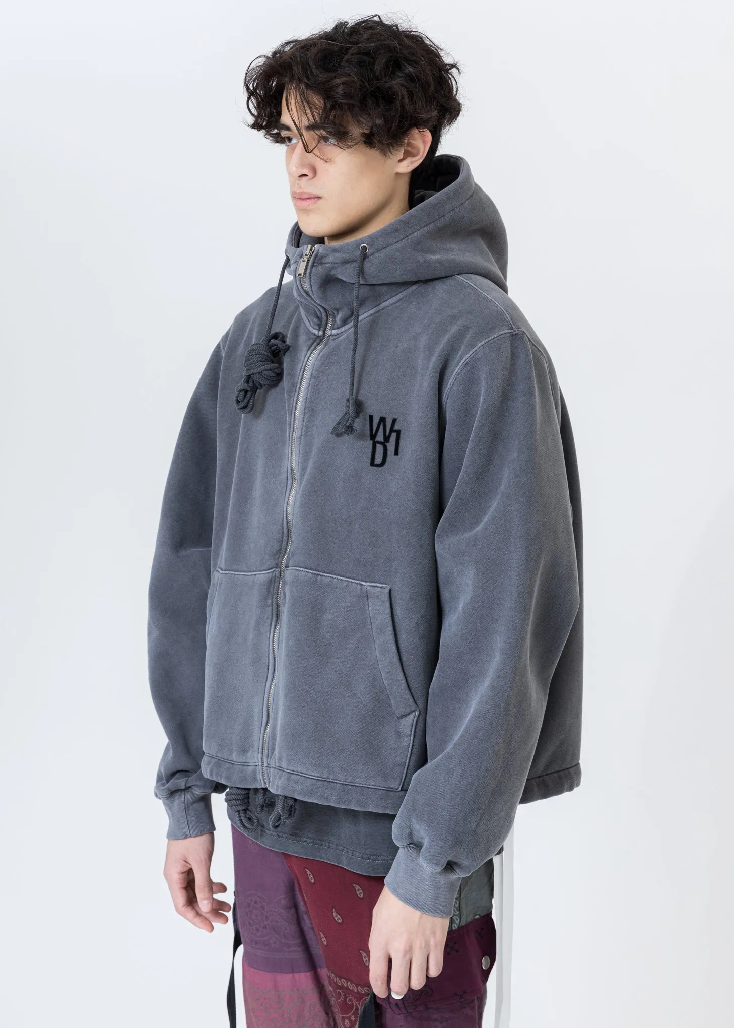 Charcoal Embroidered Teddy Zip-Up Hoodie