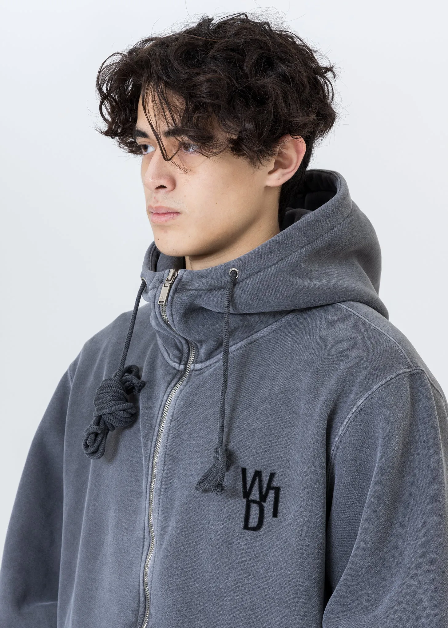 Charcoal Embroidered Teddy Zip-Up Hoodie