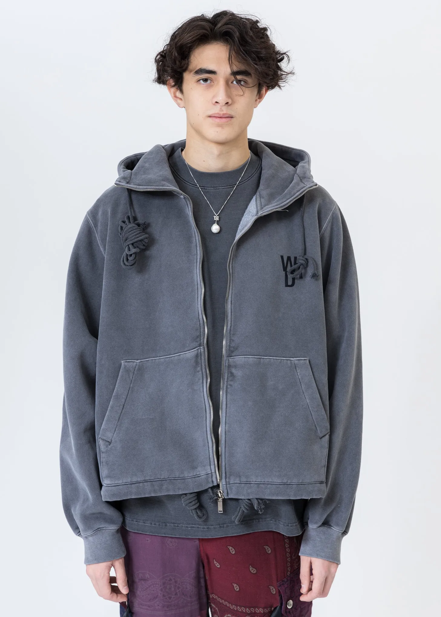 Charcoal Embroidered Teddy Zip-Up Hoodie