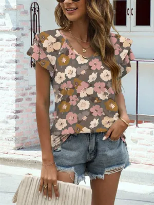 Cherry Chic Flutter Sleeve Floral V Neck Blouse