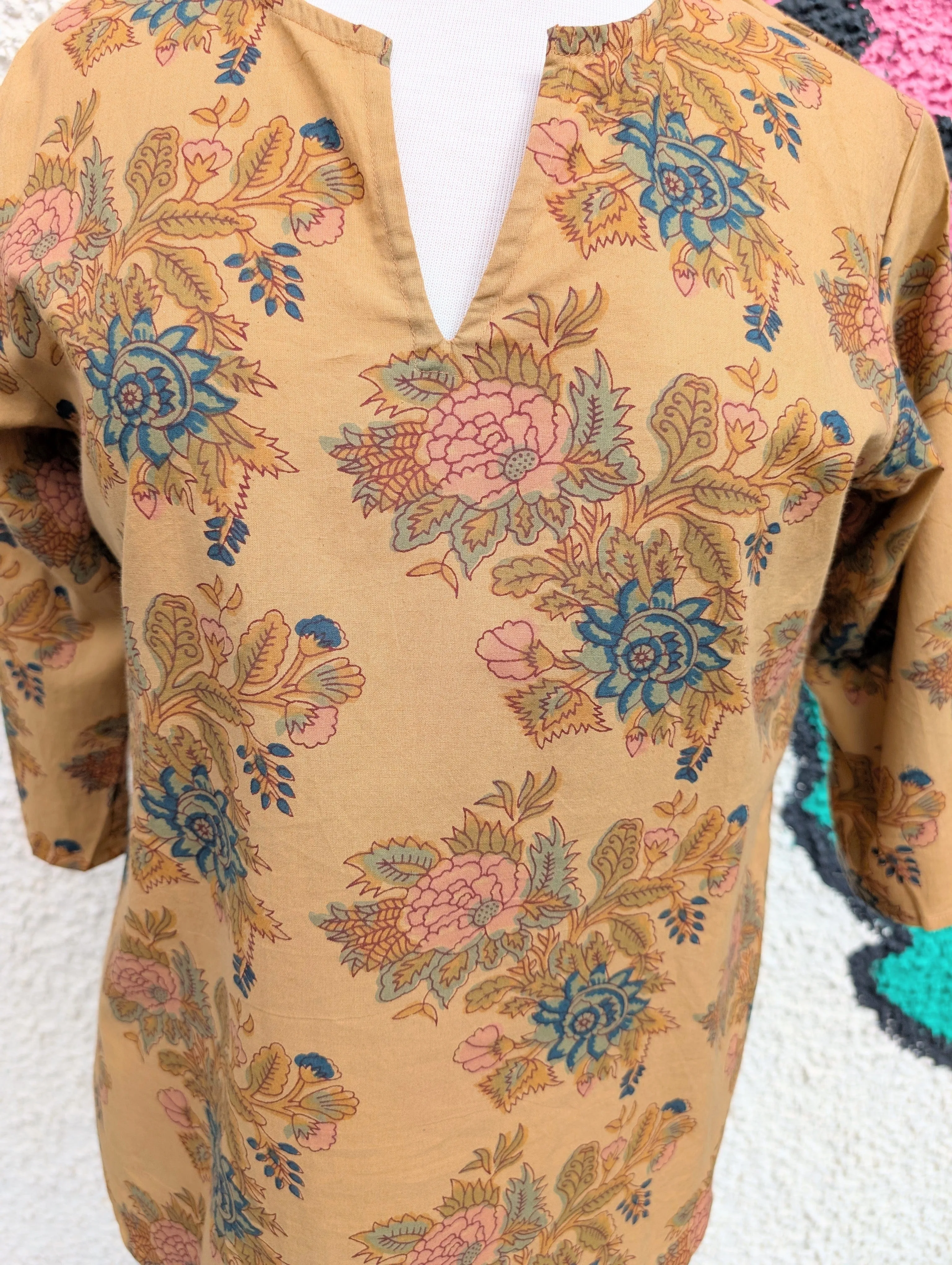 Dark Mustard Floral Block Print Cotton Blouse