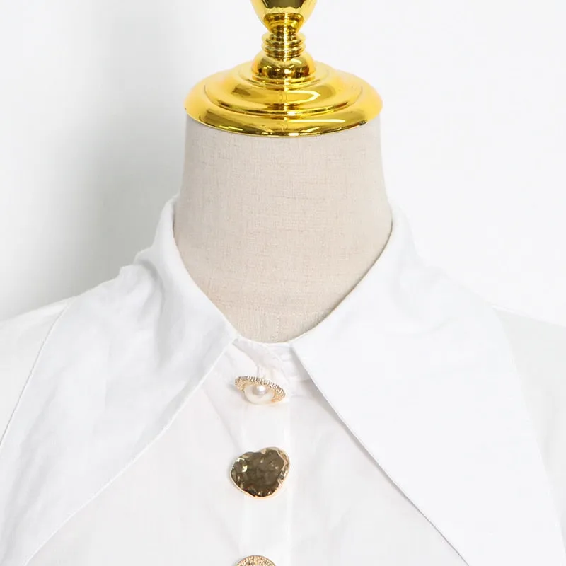 Designer Golden Button Lantern Sleeve Shirt Blouse