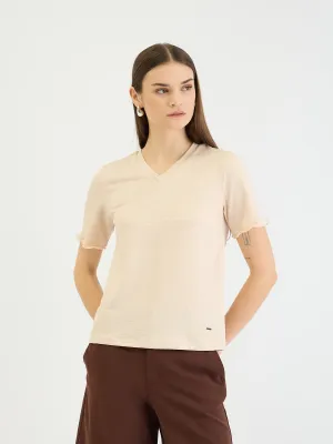 Elle Women Beige Textured Crew Neck Tshirt
