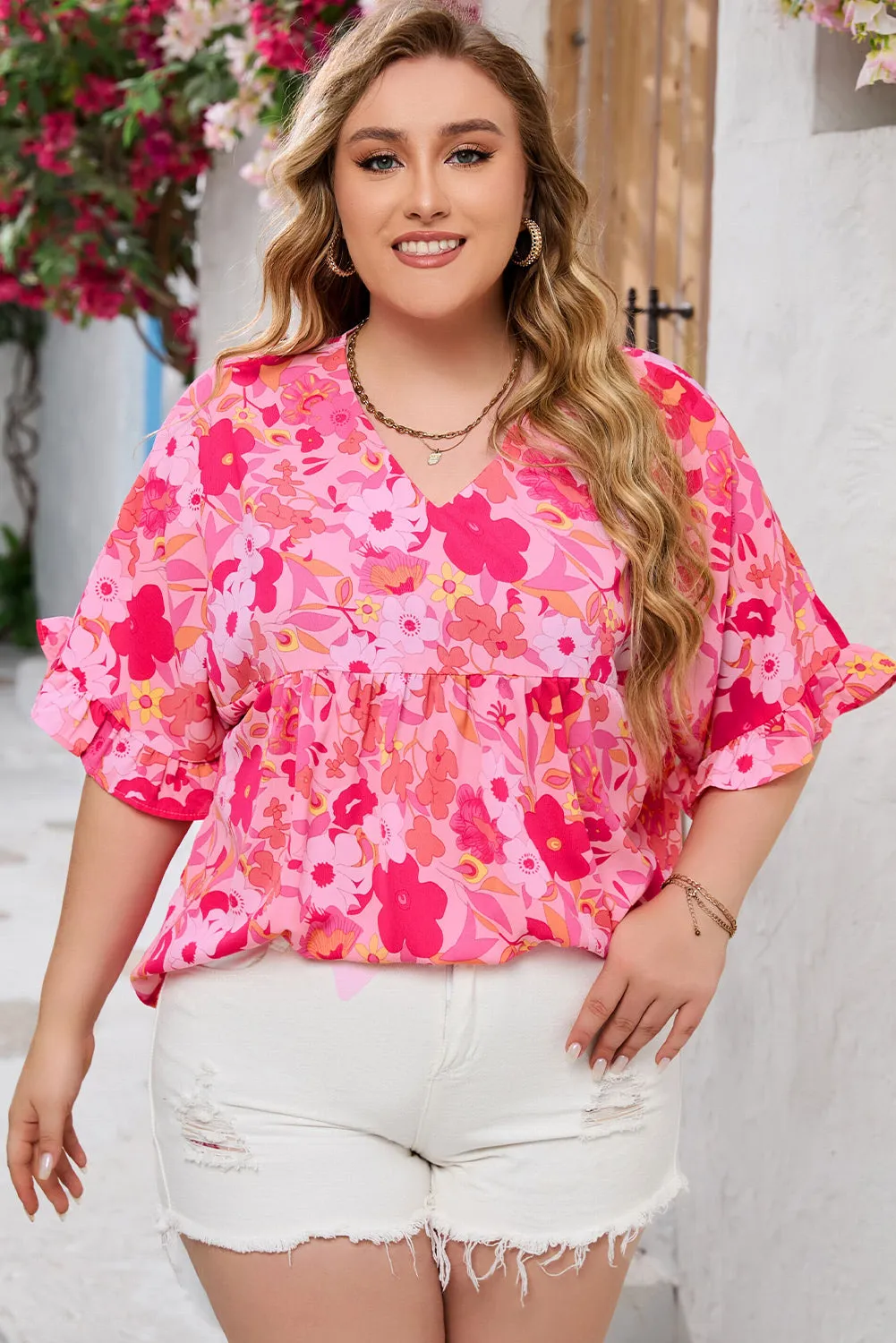 Floral Print Ruffled Half Sleeve Plus Size Babydoll Blouse by Poppy Lee Lane