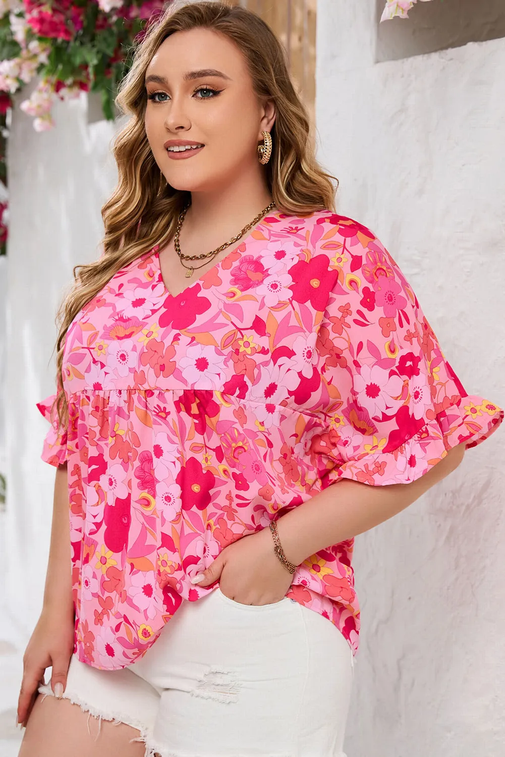Floral Print Ruffled Half Sleeve Plus Size Babydoll Blouse by Poppy Lee Lane