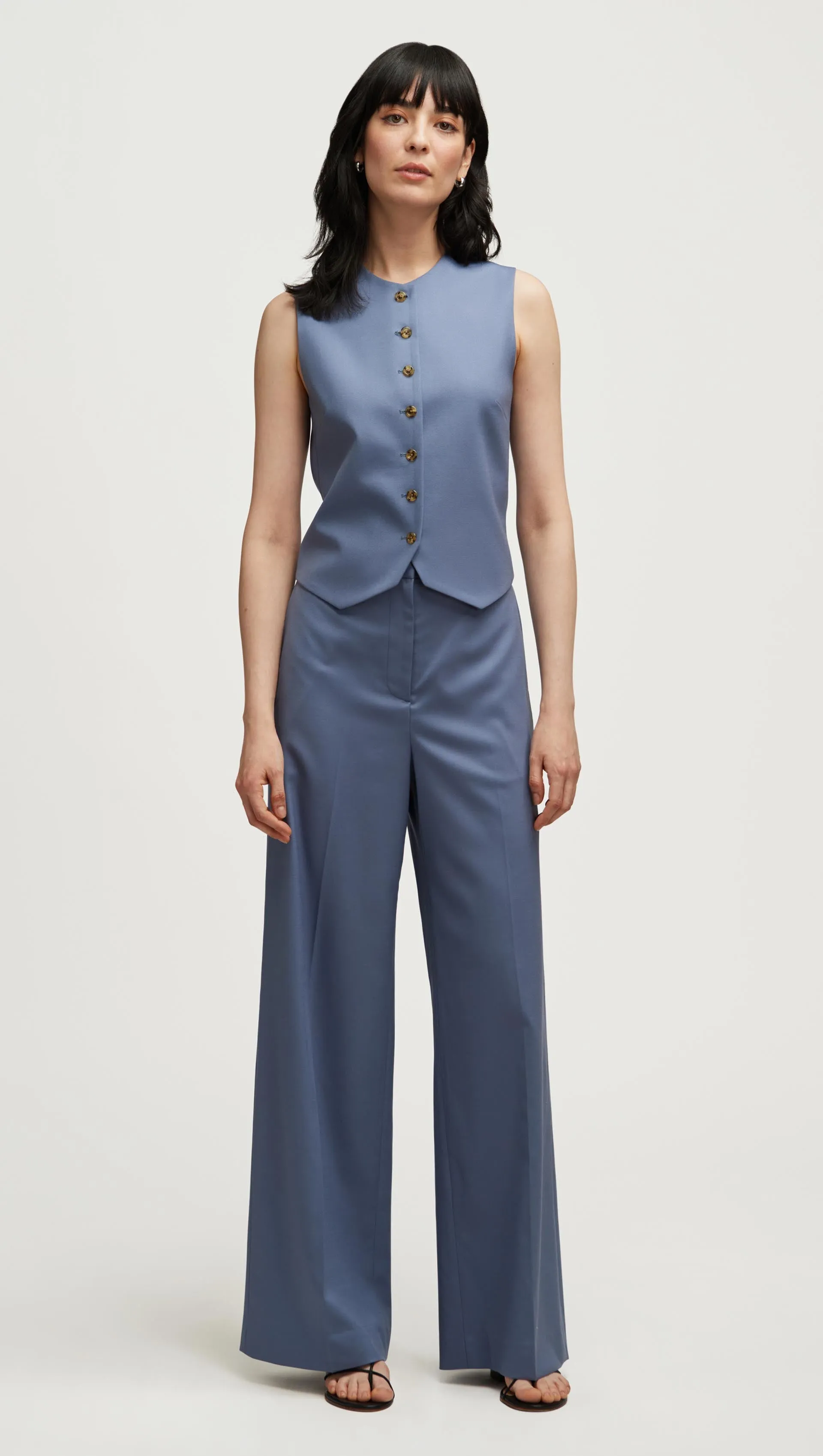 High-Neck Button Waistcoat in Seasonless Wool | Powder Blue