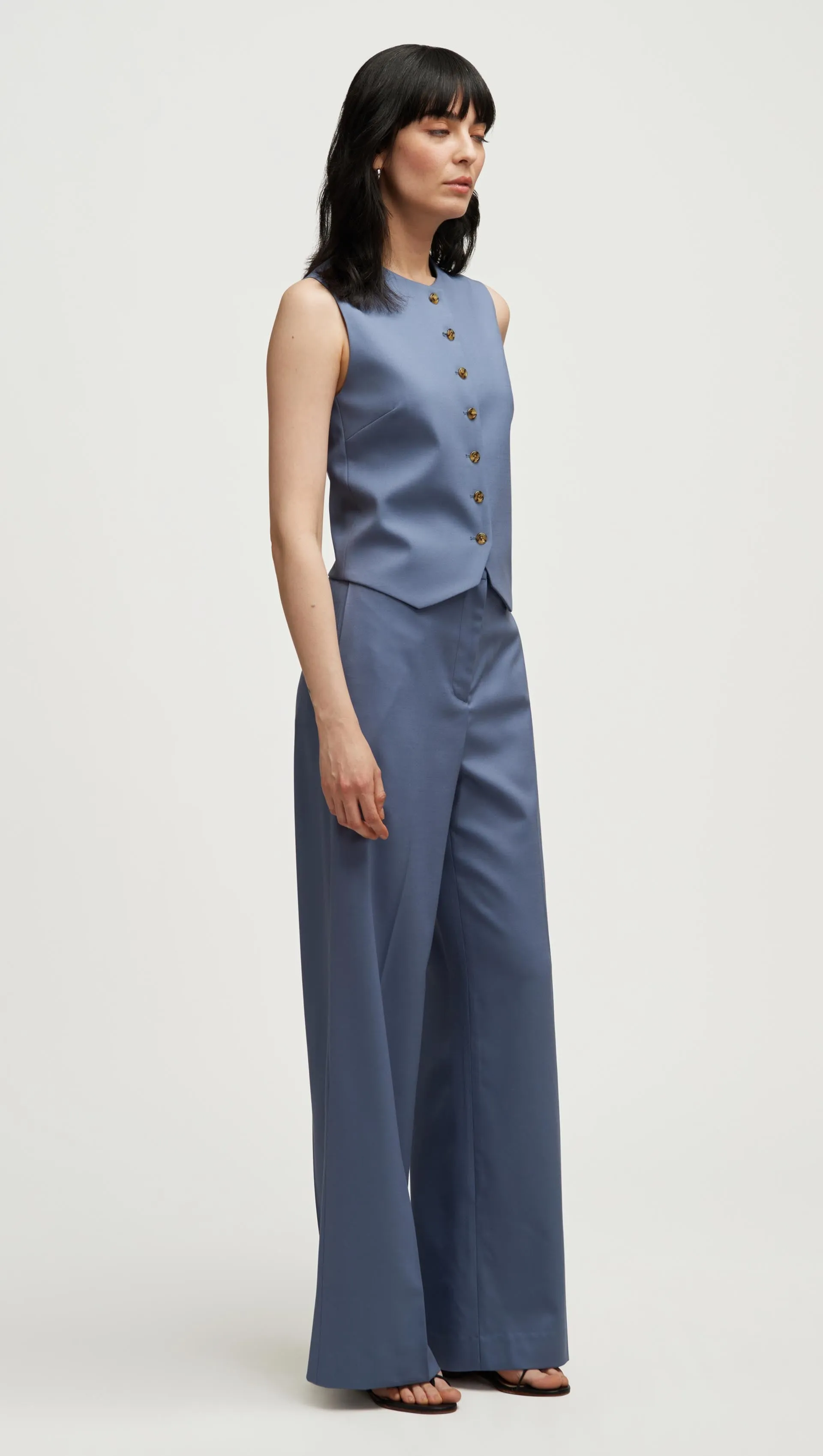 High-Neck Button Waistcoat in Seasonless Wool | Powder Blue