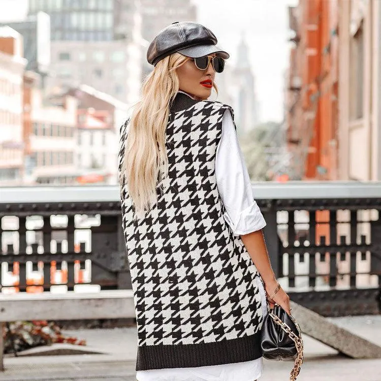 Houndstooth V-Neck Loose Knit Vest