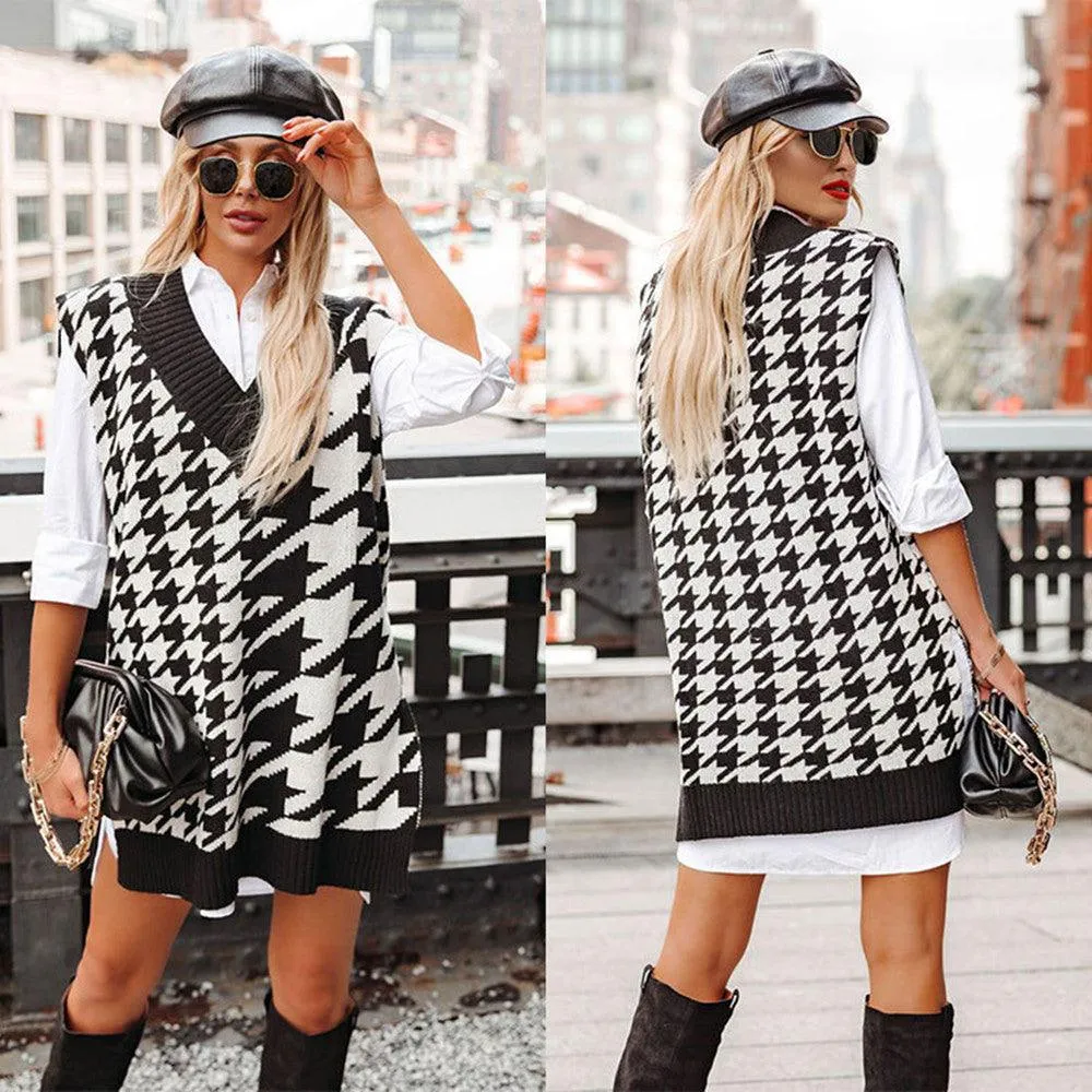 Houndstooth V-Neck Loose Knit Vest
