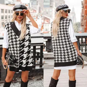Houndstooth V-Neck Loose Knit Vest