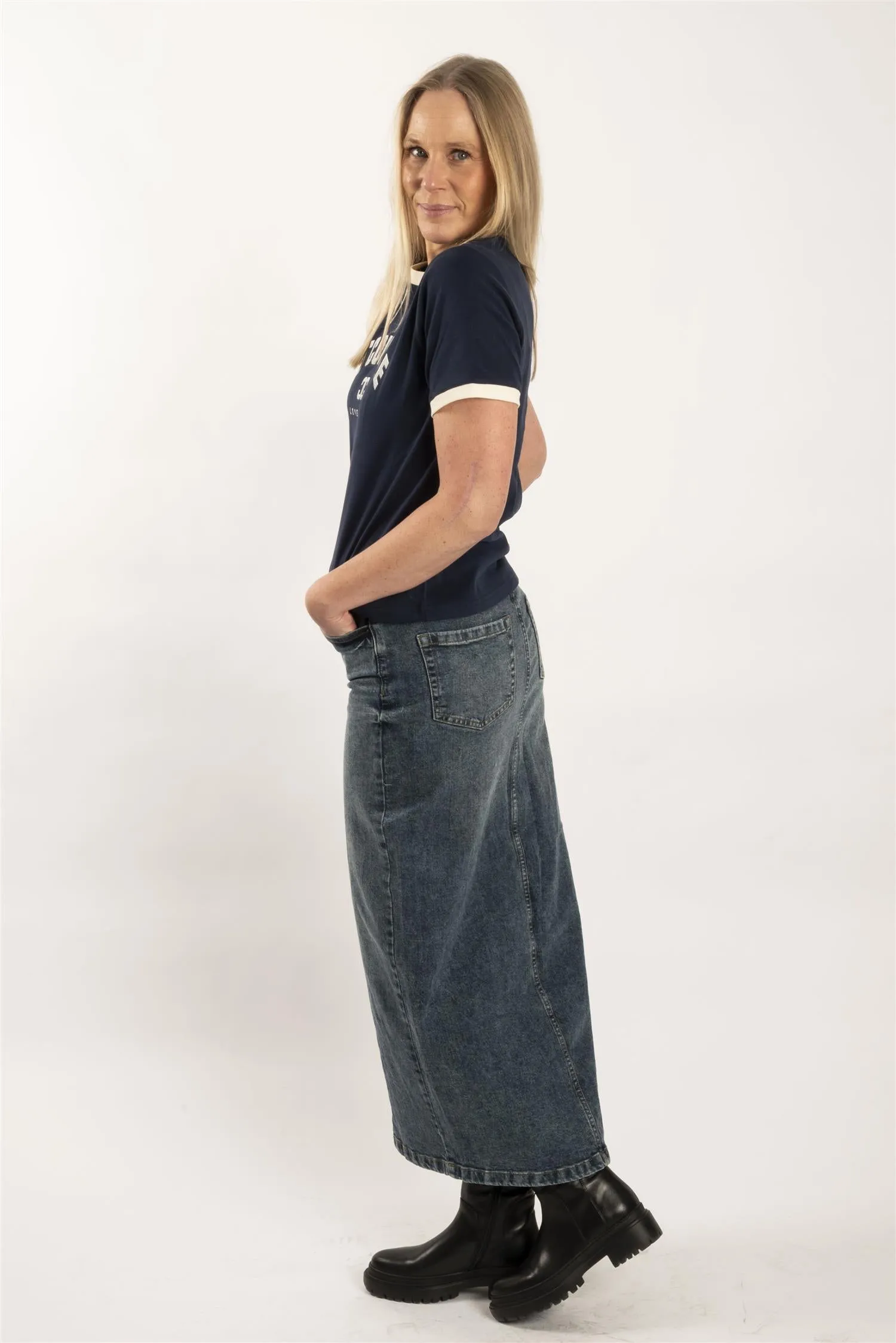 KAdana Denim Maxi Skirt - Blue Denim