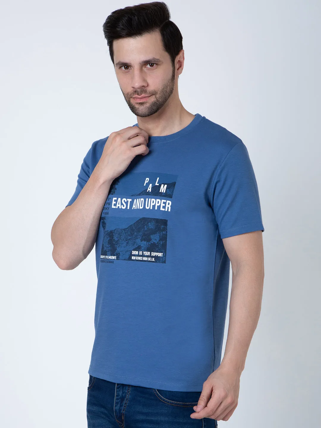 Men Round Neck Blue T-Shirt