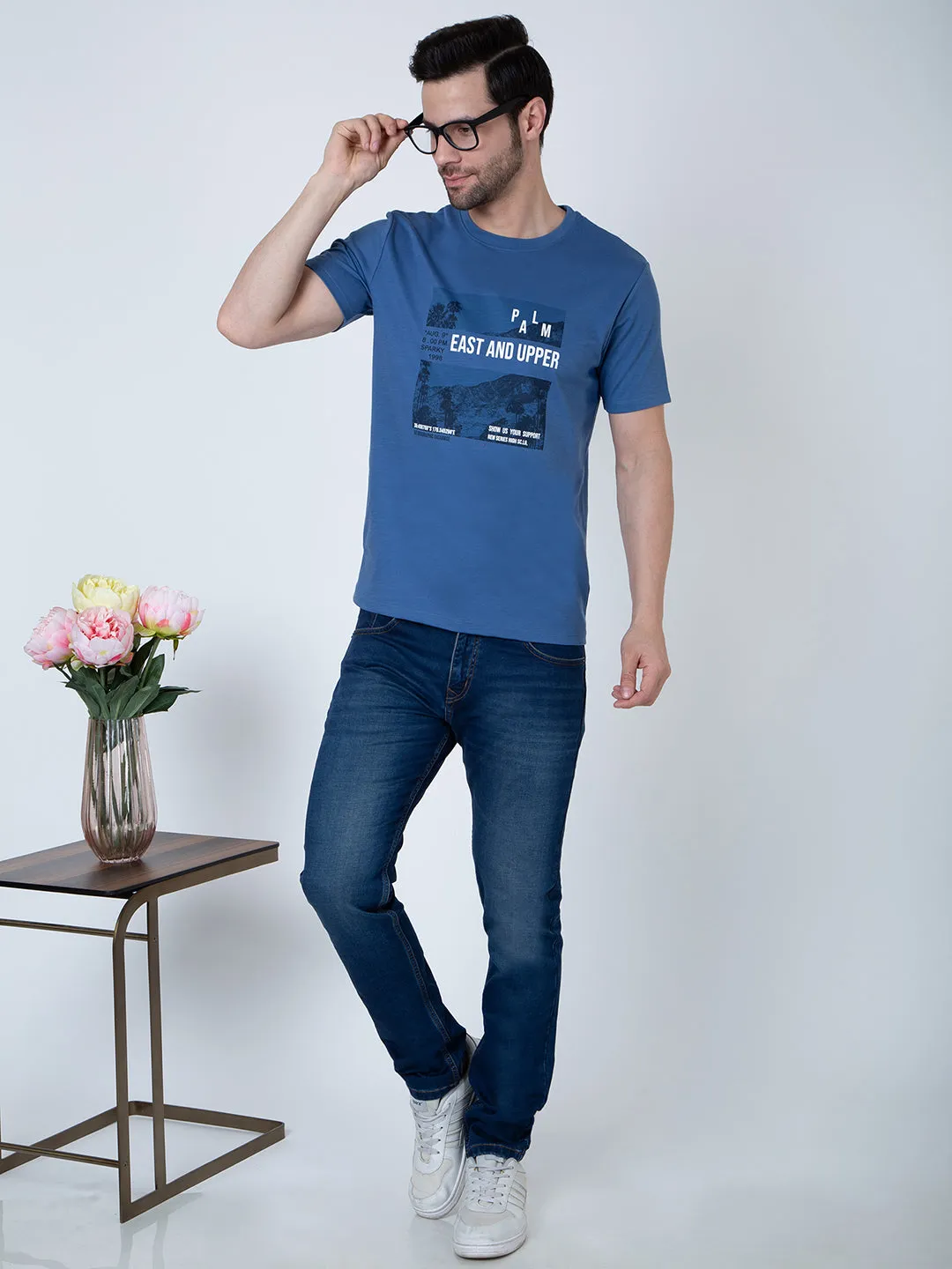 Men Round Neck Blue T-Shirt