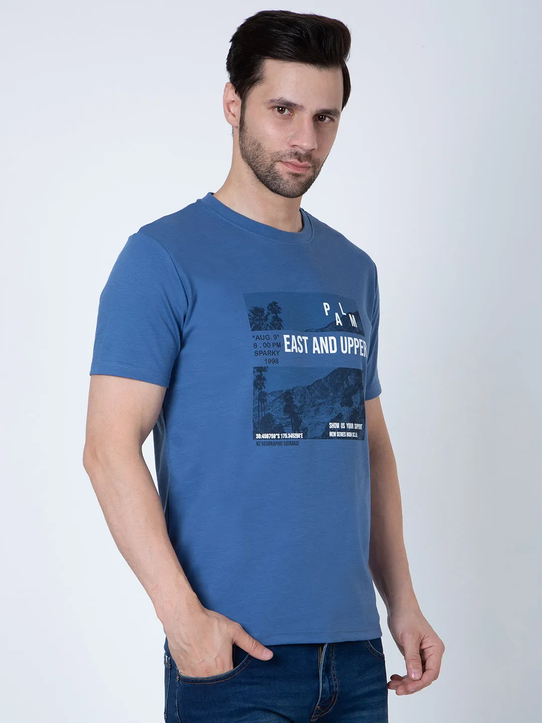 Men Round Neck Blue T-Shirt
