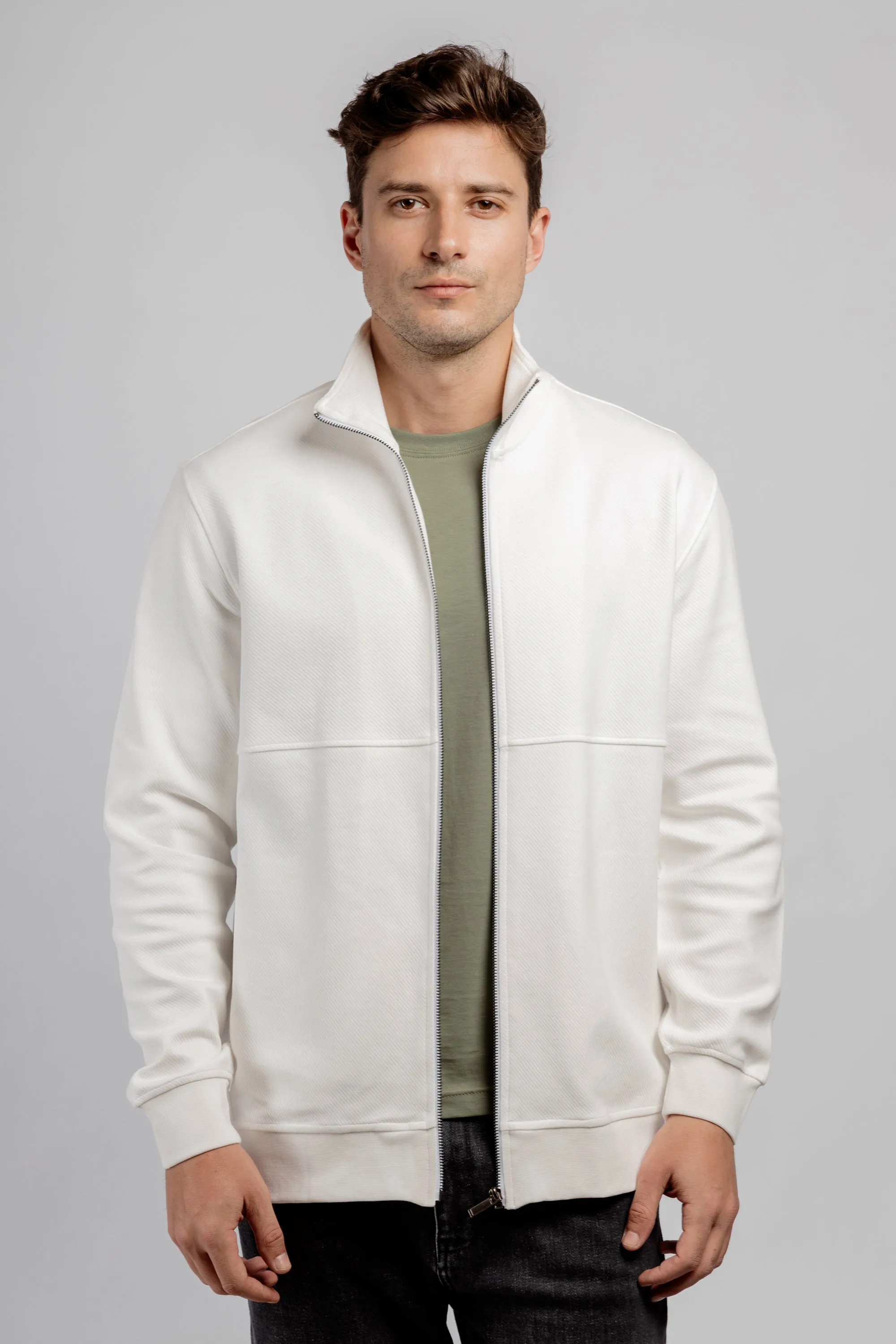 Off-White Full Zipper Cotton Mock Polo Neck Jacket