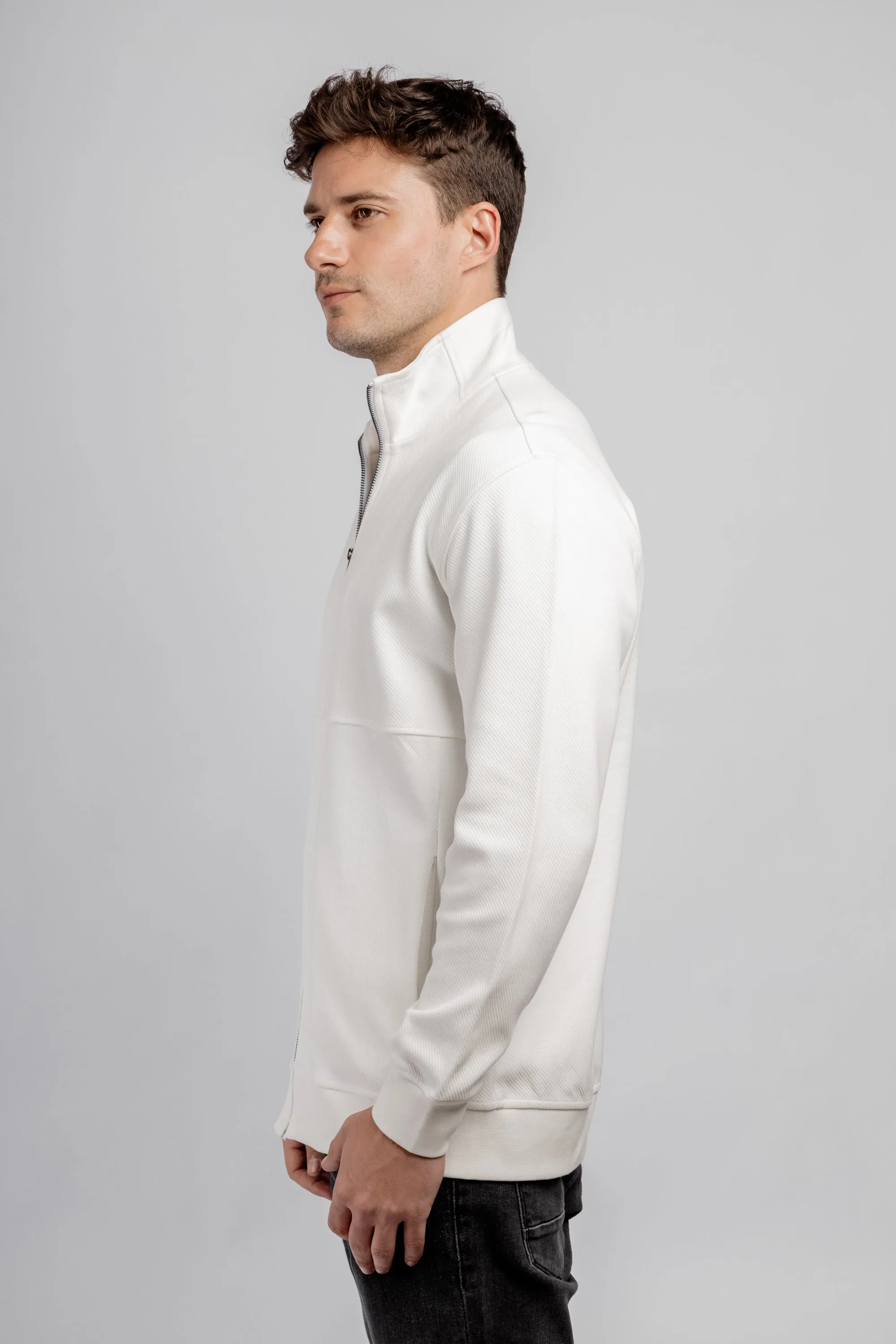 Off-White Full Zipper Cotton Mock Polo Neck Jacket