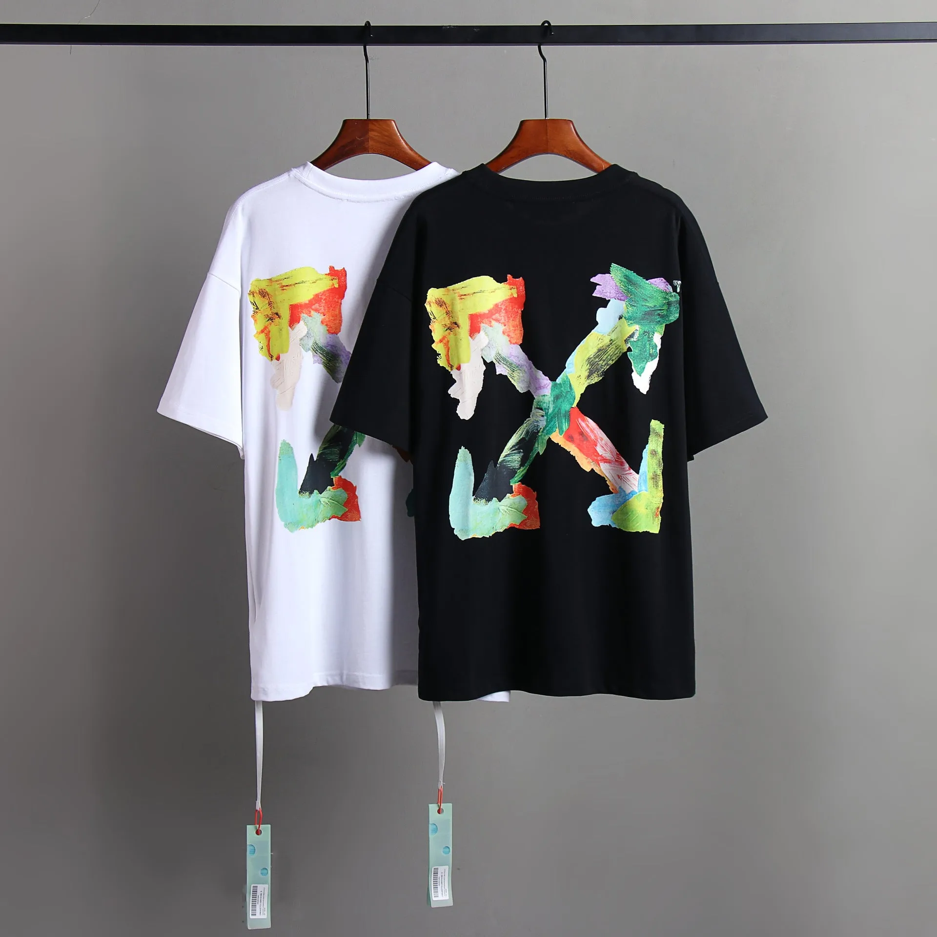 Off Whtie T Shirts Back Color Arrow Print Male And Female Trendy Brand Short Sleeve