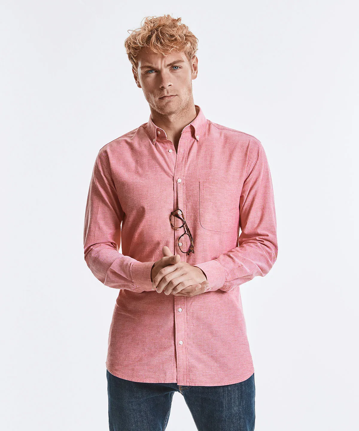 Oxford Red/Cream - Long sleeve tailored washed Oxford shirt