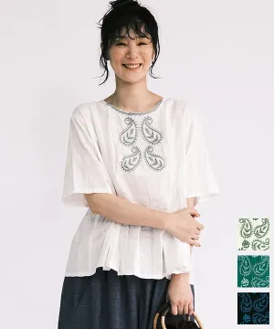 Paisley Pattern Rakunou Style Embroidered Gathered Blouse 25S457 [Expected to arrive in stock around March].