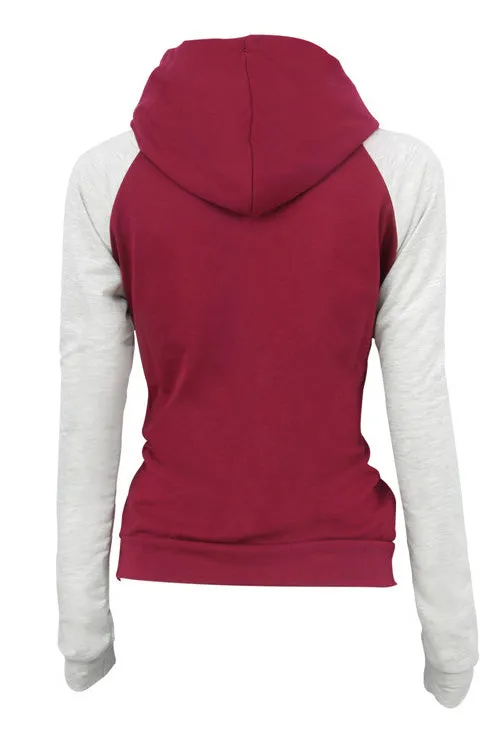 Patchwork Color Block High Neck Pocket Slim Hoodie