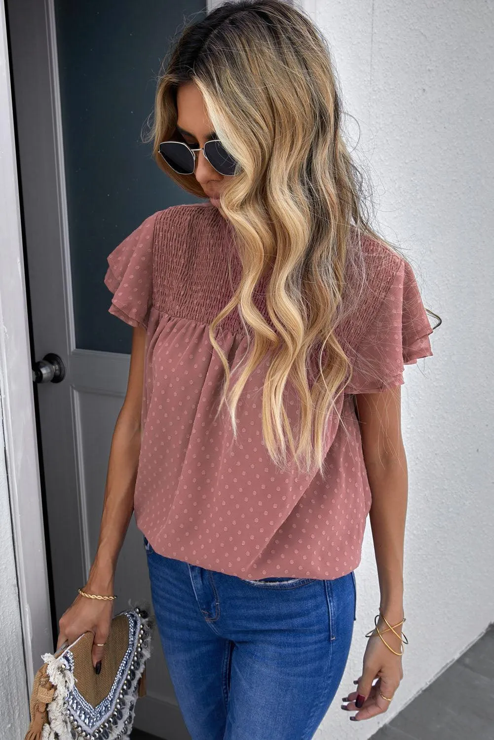 Phenomenal Flutter Sleeve Smocked Blouse