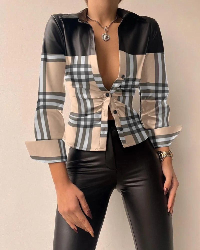 Plaid Print PU Leather Patch Button Down Shirt