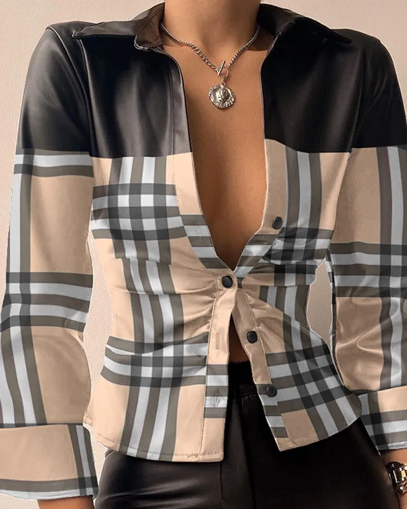 Plaid Print PU Leather Patch Button Down Shirt