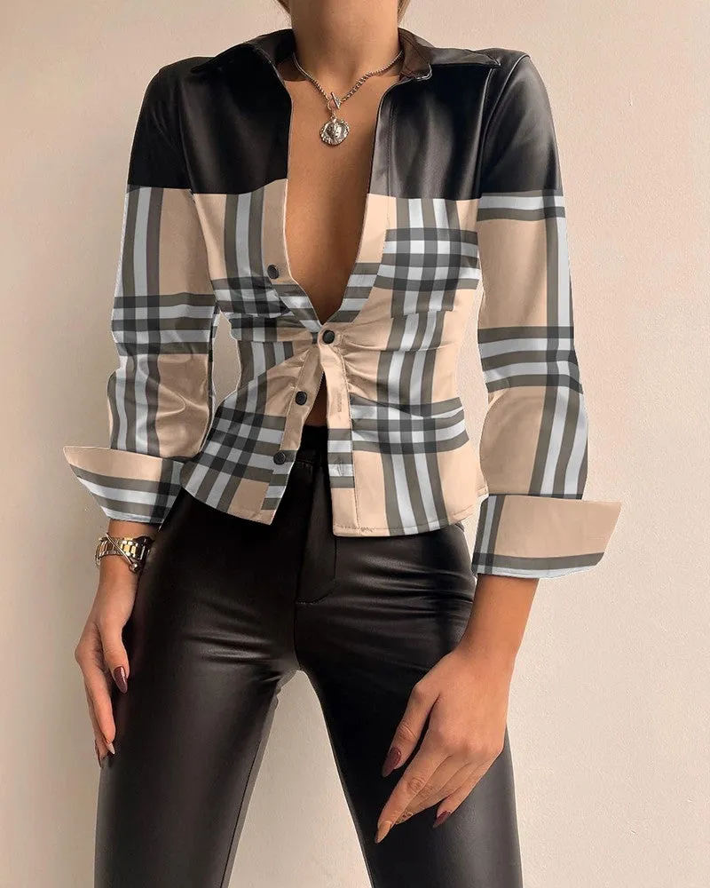 Plaid Print PU Leather Patch Button Down Shirt